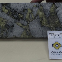 Example of strongly mineralized chaotic breccia from Breccia Pipe #1 in primary zone at 108.6m in SDH17-020 with 0.441 g/t Au, 75.1 g/t Ag, and 4.69% Cu over a 1 m sample interval